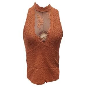 Free people lace mesh deep plunge panel mock neck top S Small